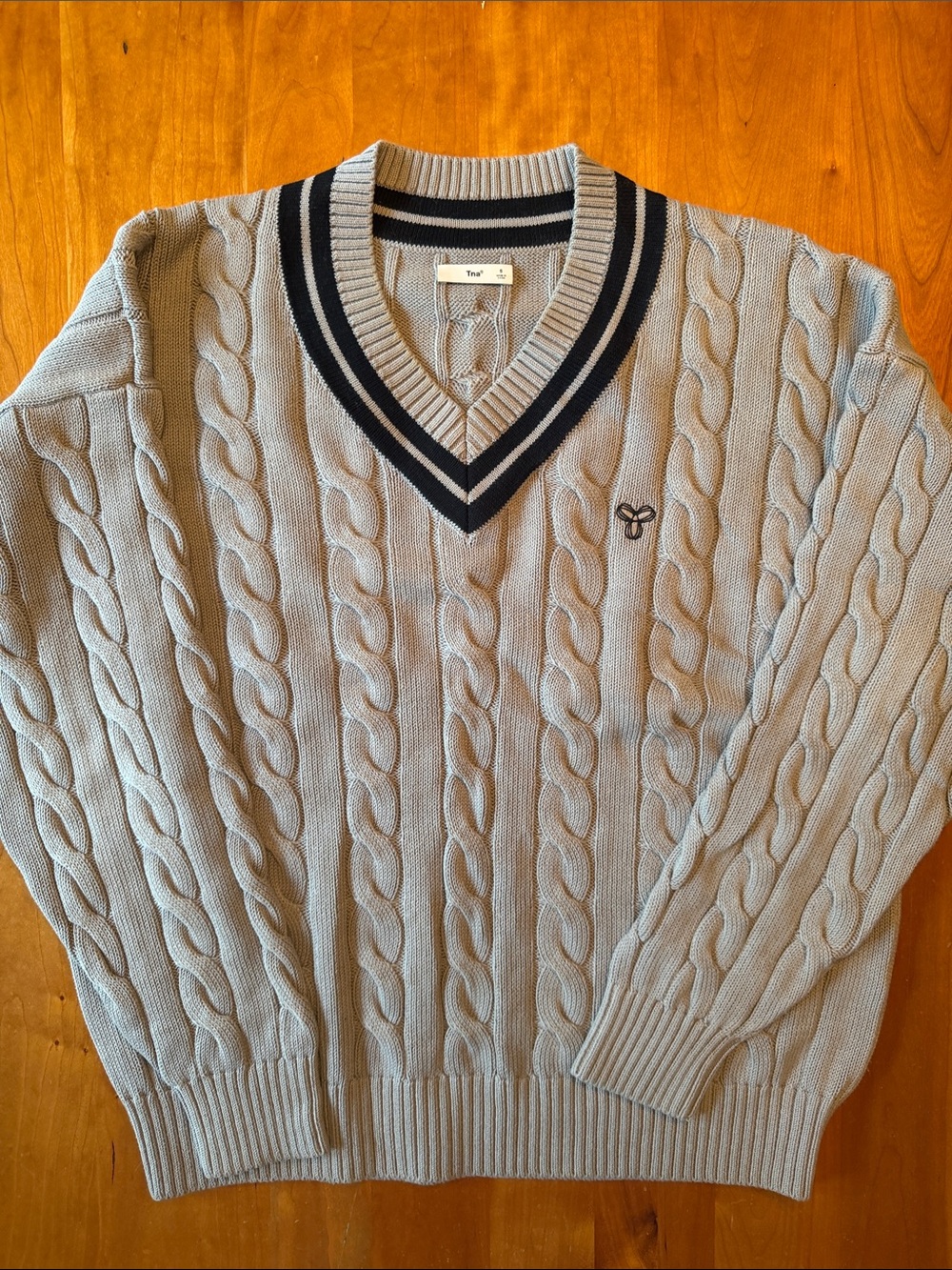 TNA Cable Knit V-Neck Sweater in Light Gray with Navy Trim